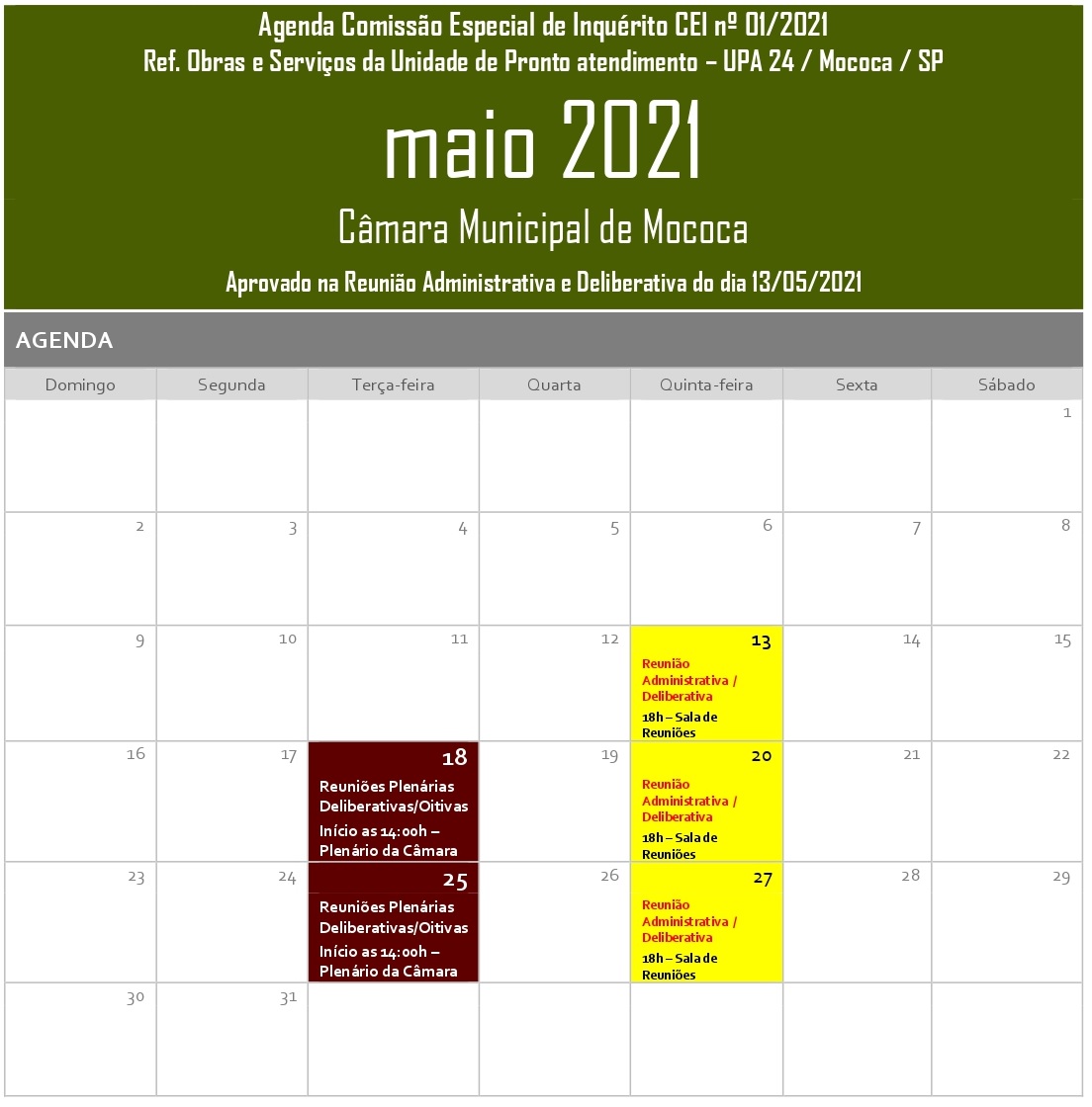 Agenda da Comissão Especial de Inquérito nº 01/2021