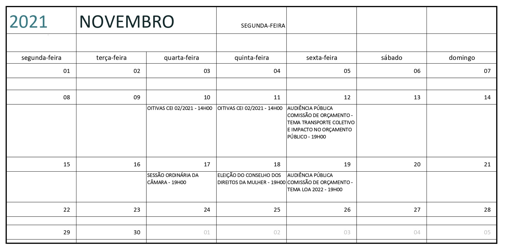 Calendário de eventos da Câmara Municipal